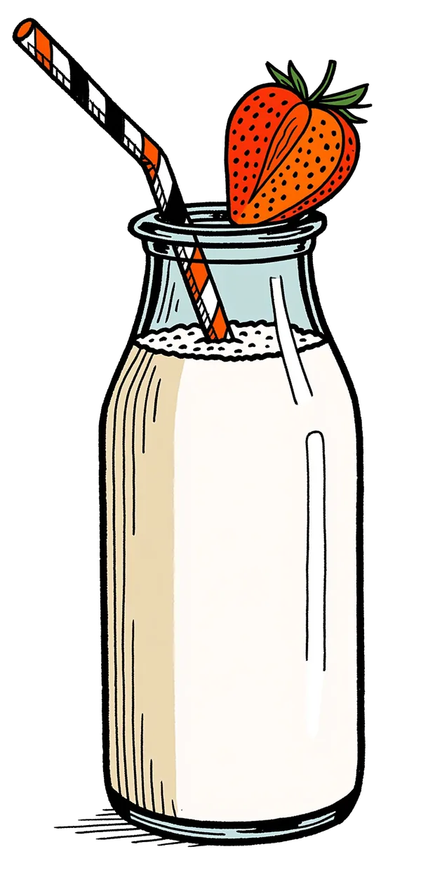 A glass milk bottle with a striped straw and a strawberry perched on the rim.