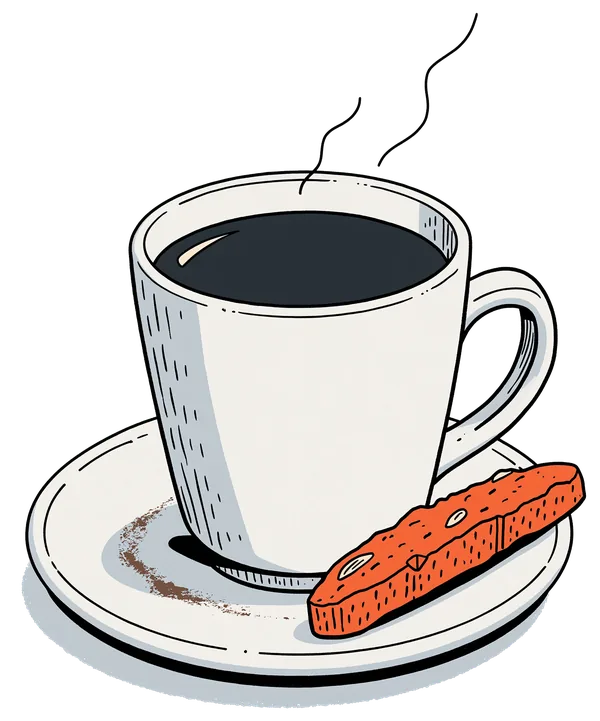 A steaming cup of black coffee on a saucer with a biscotti alongside.