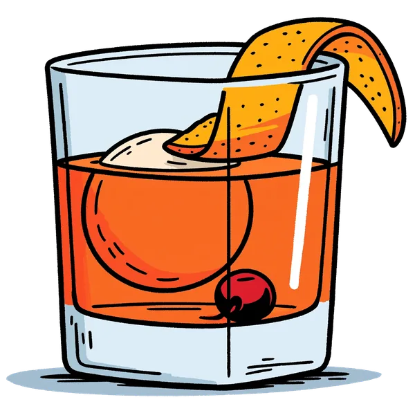 An Old Fashioned in a rocks glass — an orange-peel twist over a large sphere of ice and a cherry.