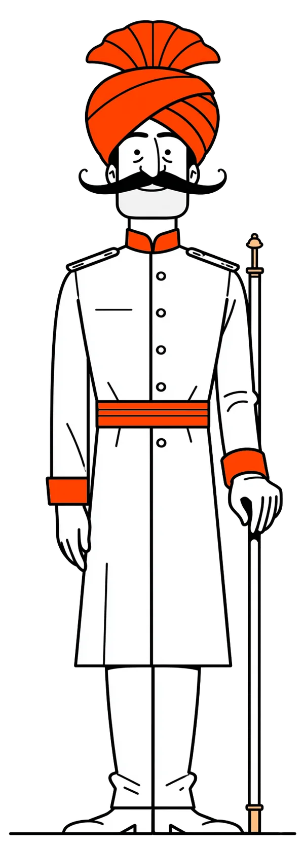 A hotel doorman in a white uniform and orange turban, standing at attention with a staff.